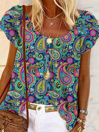

Casual Vacation Paisley Short Sleeve Tops, Multicolor, T-Shirts