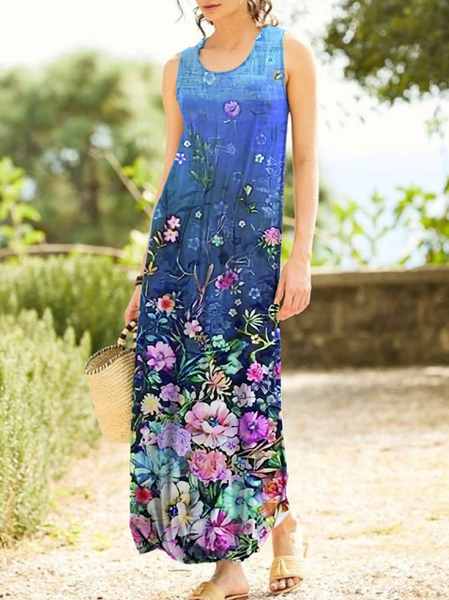 

Resort Floral Crew Neck Sleeveless Maxi Dress, Navy blue, Maxi Dresses