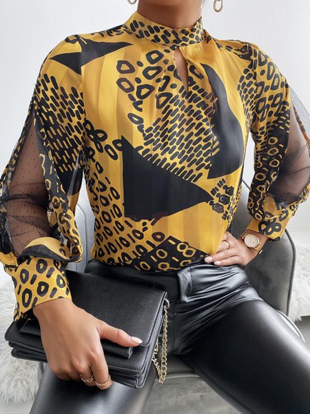 

Fashion Stand Collar Short Sleeve Top, Yellow, Blouses and Shirts