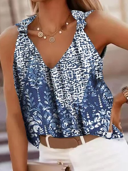 

Floral V Neck Loosen Woven Tank, Blue, Tank Top