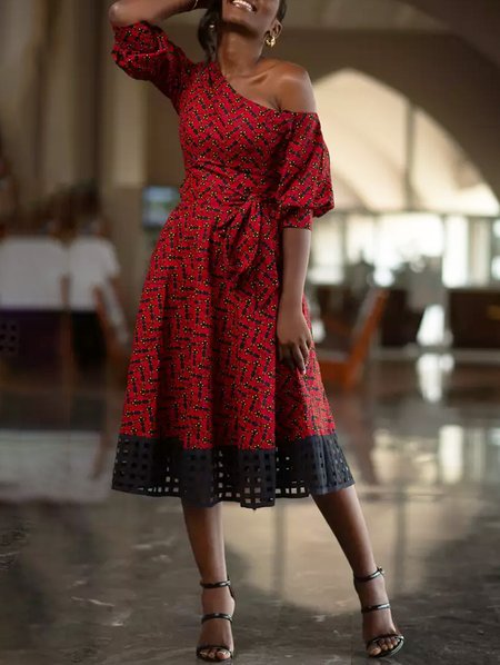 

Asymmetrical Neck Geometric Short Sleeve Woven Dress, Red, Midi Dresses