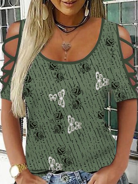 

Perspective bandage striped flower butterfly print loose top T-shirt Plus Size, Green, T-Shirts