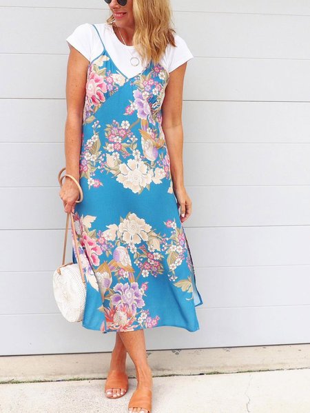 

Regular Fit V Neck Floral Short Sleeve Woven Dress, Blue, Dresses