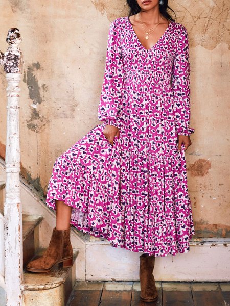 

Loosen Floral Long Sleeve Woven Dress, Purple, Dresses