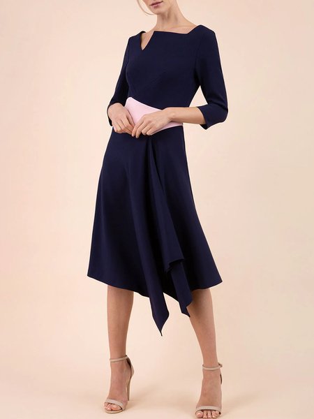 

Color Block Notched Short Sleeve Knit Dress, Dark blue, Midi Dresses