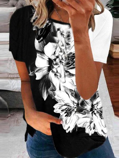 

Crew Neck Floral Loosen Short Sleeve T-Shirt, White, T-Shirts