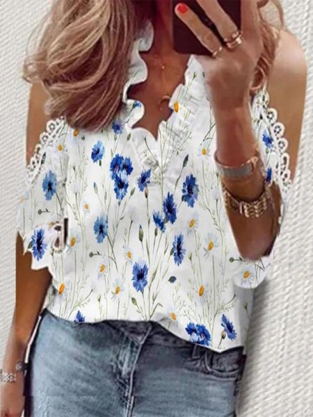 

Lace Regular Fit V Neck Vacation Short Sleeve Tops, White, T-Shirts