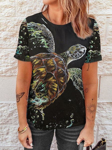 Animal Loosen Casual Short Sleeve T-Shirt, Black, T-Shirts
