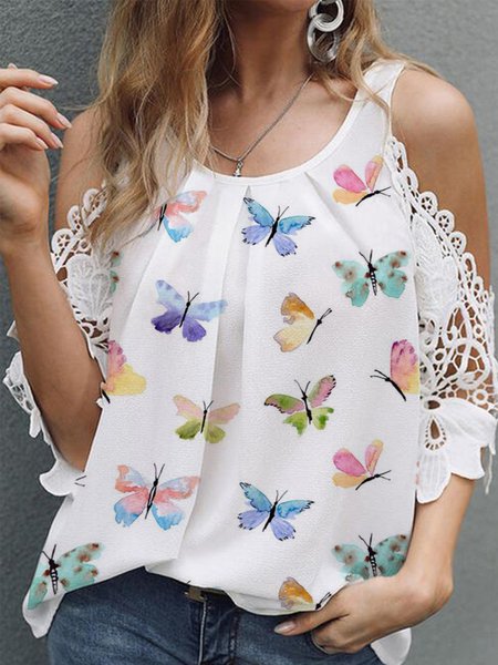 

Round Neck Butterfly Short Sleeve Tops, White, Tops