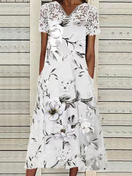 

Casual Floral Short Sleeve Woven Dress, White, Dresses