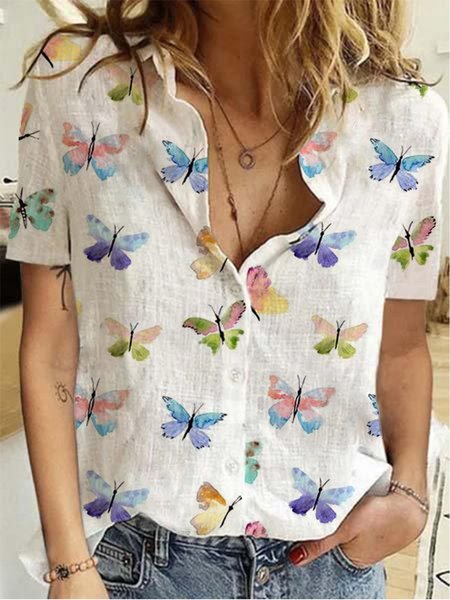 

Casual Butterfly Loosen Short Sleeve Blouse, As picture, Blouses & Shirts