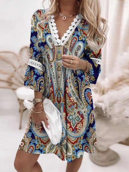 

Loosen Tribal V Neck Long Sleeve Woven Dress, Blue, Mini Dresses