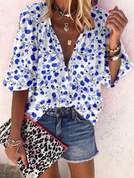 

Loosen V Neck Mid Leaves Sleeve Blouse, White, Blouses & Shirts
