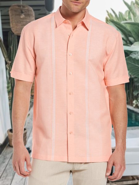 

Men's Cotton Linen Striped Short Sleeve Shirt, Pink, Blouses&Shirts