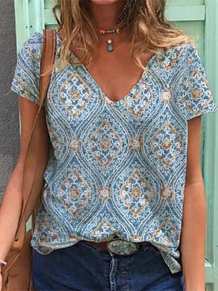 

Tribal Loosen Casual Short Sleeve T-Shirt, Blue, T-Shirts