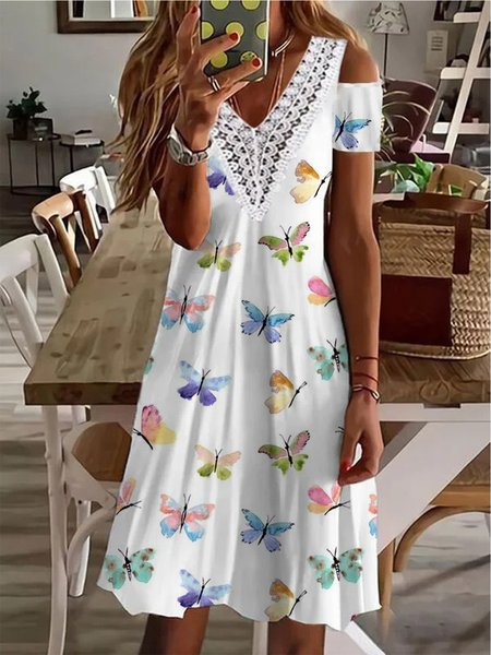 

Casual Loosen V neck Butterfly Short Sleeve Knit Dress, White, Mini Dresses