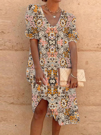 

Loosen Tribal Casual Short Sleeve Woven Dress, Multicolor, Dresses