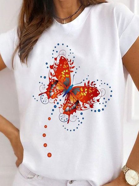 

Loosen Crew Neck Butterfly Short Sleeve T-Shirt, White, T-Shirts