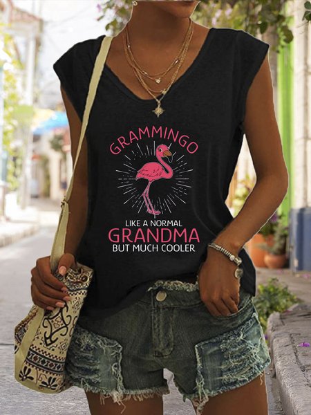 

Funny Grandma Flamingo Print Lapel Tank Top, Black, Tank Tops