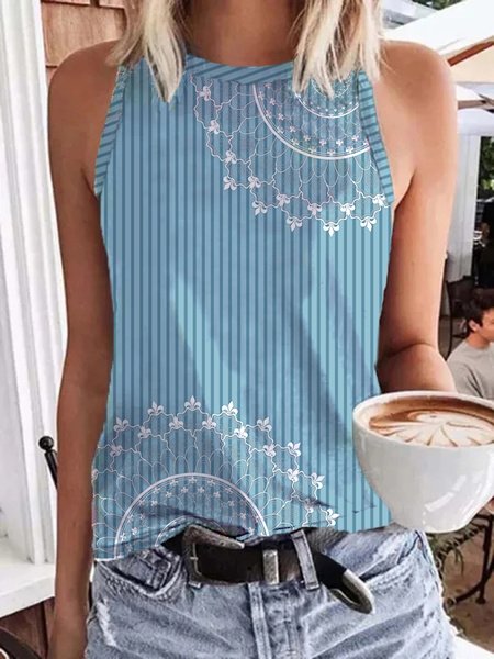 

Tribal Crew Neck Casual Knit Tank, Blue, Tanks & Camis