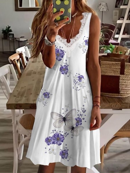 

Casual Butterfly Sleeveless V Neck Plus Size Printed Dress, White, Mini Dresses