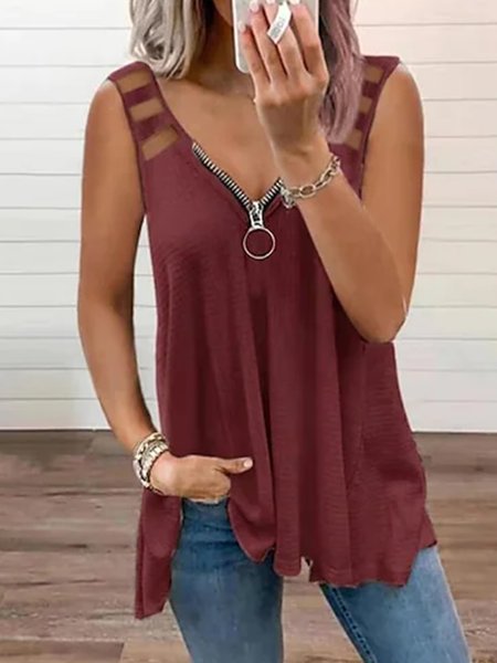 

JFN V Neck Zipper Solid Casual Tank Top, Red, Tanks & Camis