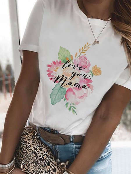 

Mother's Day Themed Floral Print Spring New Hot Women's Knit T-Shirts, White, T-Shirts