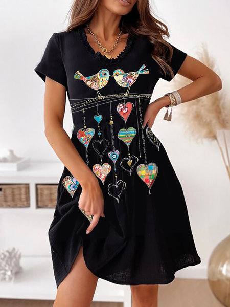 

Bird Printed V-Neck Short Sleeve Chic Casual Dress, Black, Dresses