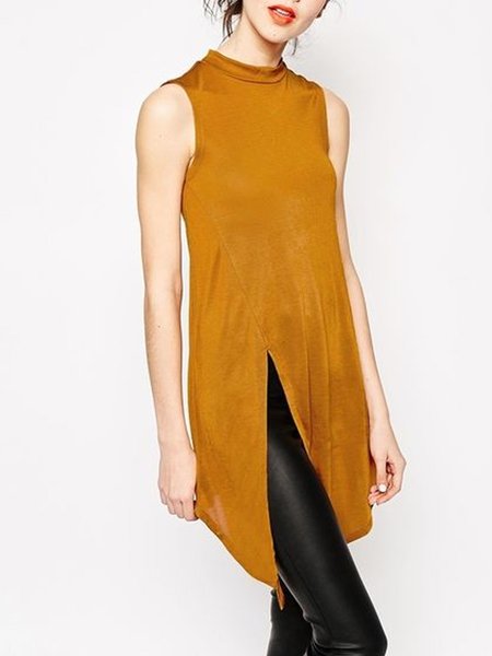

Stand Collar Simple Slit T-Shirt, Yellow brown, Tees