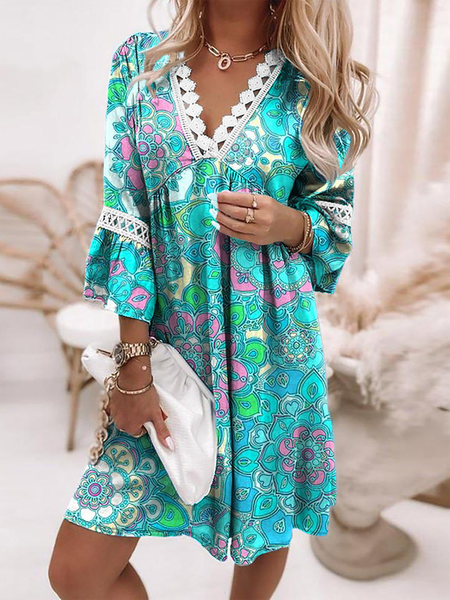 

Plus size Boho Printed Casual Dress, Multicolor, Mini Dresses