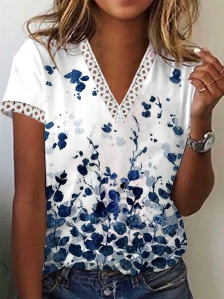 

Casual Floral V Neck Short Sleeve T-Shirt, White, T-Shirts