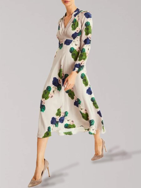 

Elegant Slim Fit V Neck Printed Dress, Green, Midi Dresses