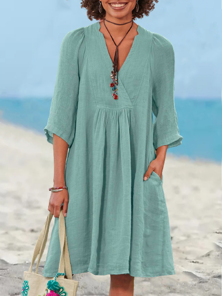 

Solid Casual V Neck Short Sleeve Woven Dress, Lake blue, Mini Dresses