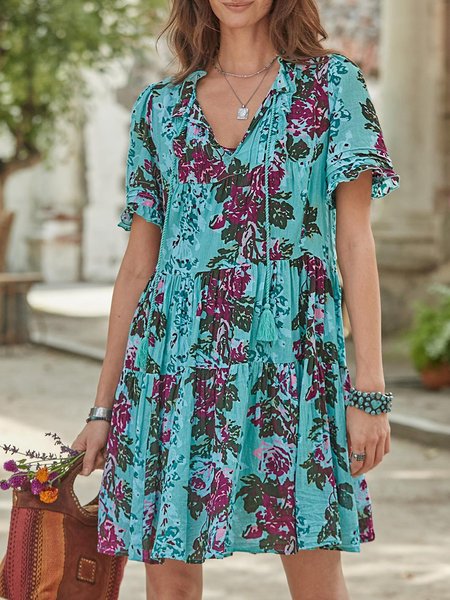 

V Neck Floral Short Sleeve Woven Dress, Blue, Mini Dresses