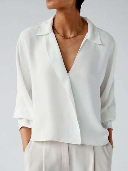 

Shirt Collar Long Sleeve Loosen Plain Top, White, Tops
