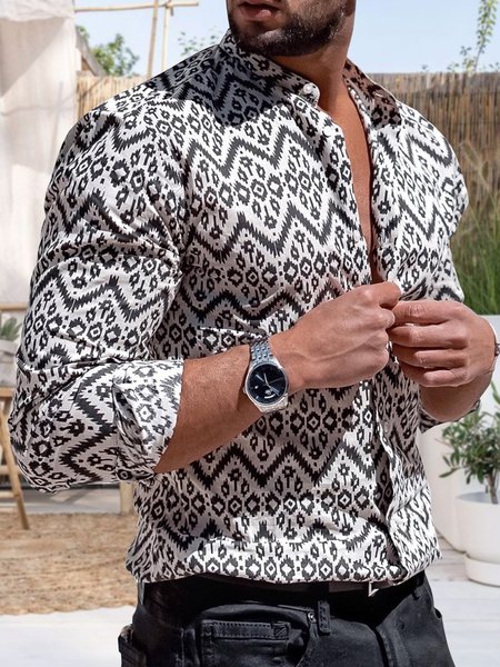 

Men's Folklore Graphic Print Long Sleeve Shirt, Black, Shirts ＆ Blouse