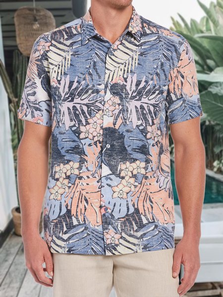 

Men's Cotton Linen Style Palm Leaf Graphic Print Short Sleeve Shirt, Blue, Shirts ＆ Blouse