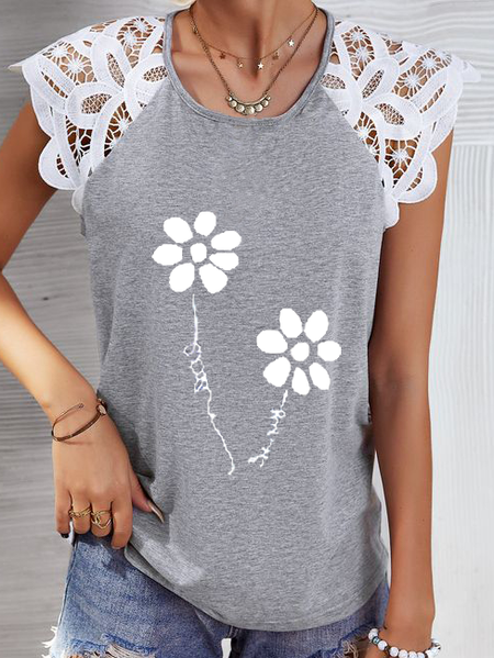 

Floral Casual Knit Tank, Gray, Tank Top