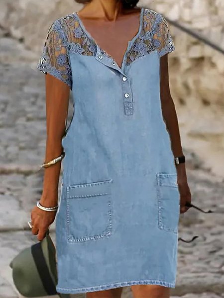 

Casual Regular Fit Lace Short Sleeve Woven Dress, Blue, Midi Dresses