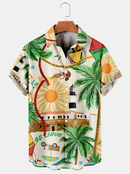 

Men's Coconut Print Casual Short Sleeve Hawaiian Shirt, Green, Men's Floral shirt