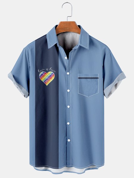 

Mens LGBT Heart Print Lapel Fit Chest Pocket Short Sleeve Funky Bowling Shirts, Blue, Men's Floral shirt