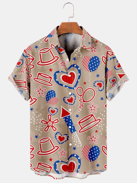 

Mens Independence Day Print Casual Breathable Short Sleeve Shirt, Light coffee, Men's Floral shirt
