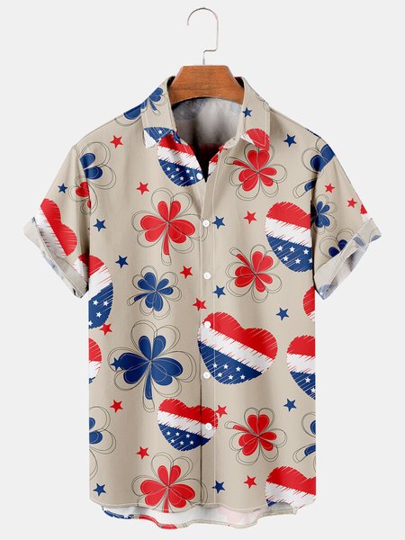 

Mens Independence Day Print Casual Breathable Short Sleeve Shirt, Apricot, Men's Floral shirt