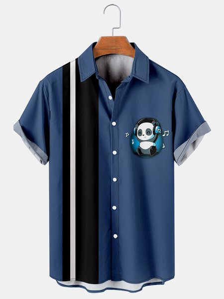 

Mens Music Panda Print Lapel Loose Short Sleeve Funky Bowling Shirts, Blue, Men's Floral shirt