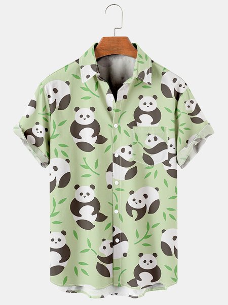 

Mens Panda Print Lapel Loose Chest Pockets Short Sleeve Funky Hawaiian Shirts, Green, Men's Floral shirt