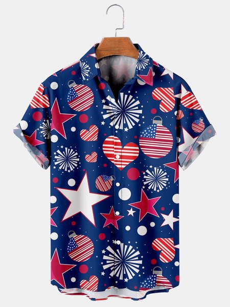

Mens Independence Day Print Casual Breathable Short Sleeve Shirt, Blue, Men's Floral shirt