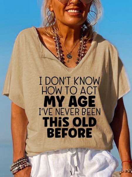

How To Act My Age V Neck Loosen Casual Short Sleeve Tops, Khaki, T-shirts