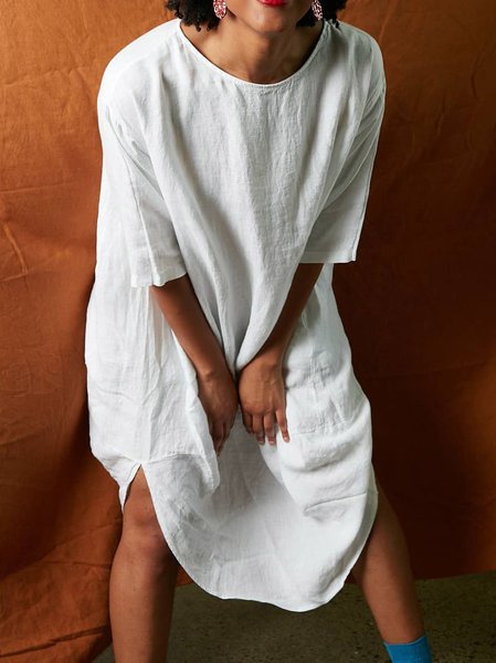 

Boho Cotton Plain Short Sleeve Woven Dress, White, Midi Dresses