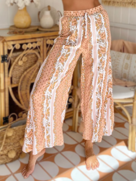 

Bohemian Ethnic Print Elastic Waist Tie 9 Points Wide Leg Trousers, Color1, Pants