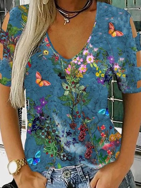 

Romantic Floral Casual Raglan Sleeve V Neck Regular Fit Hollow Out Short Sleeve T-Shirt, Flower, T-Shirts